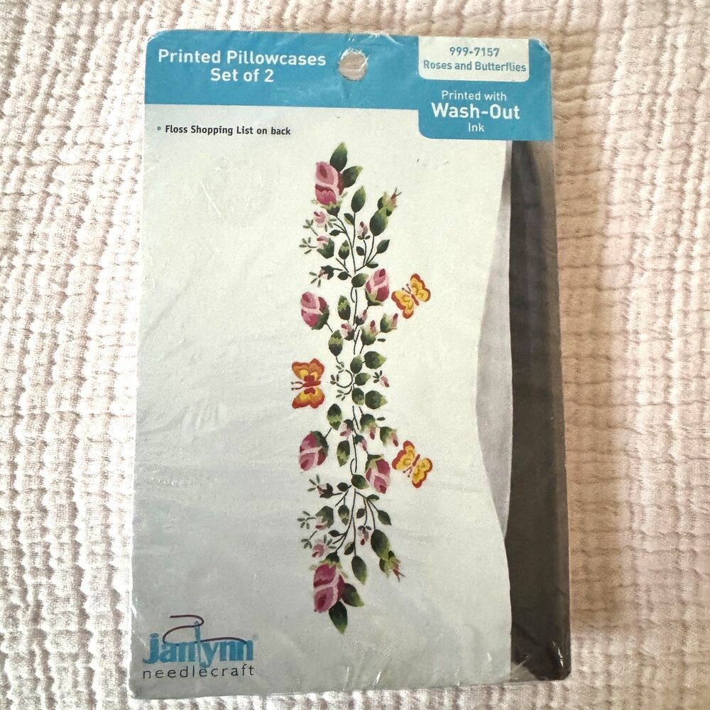 NIP Janlynn Printed Set of 2 Pillowcase Embroidery Kit Roses & Butterflies